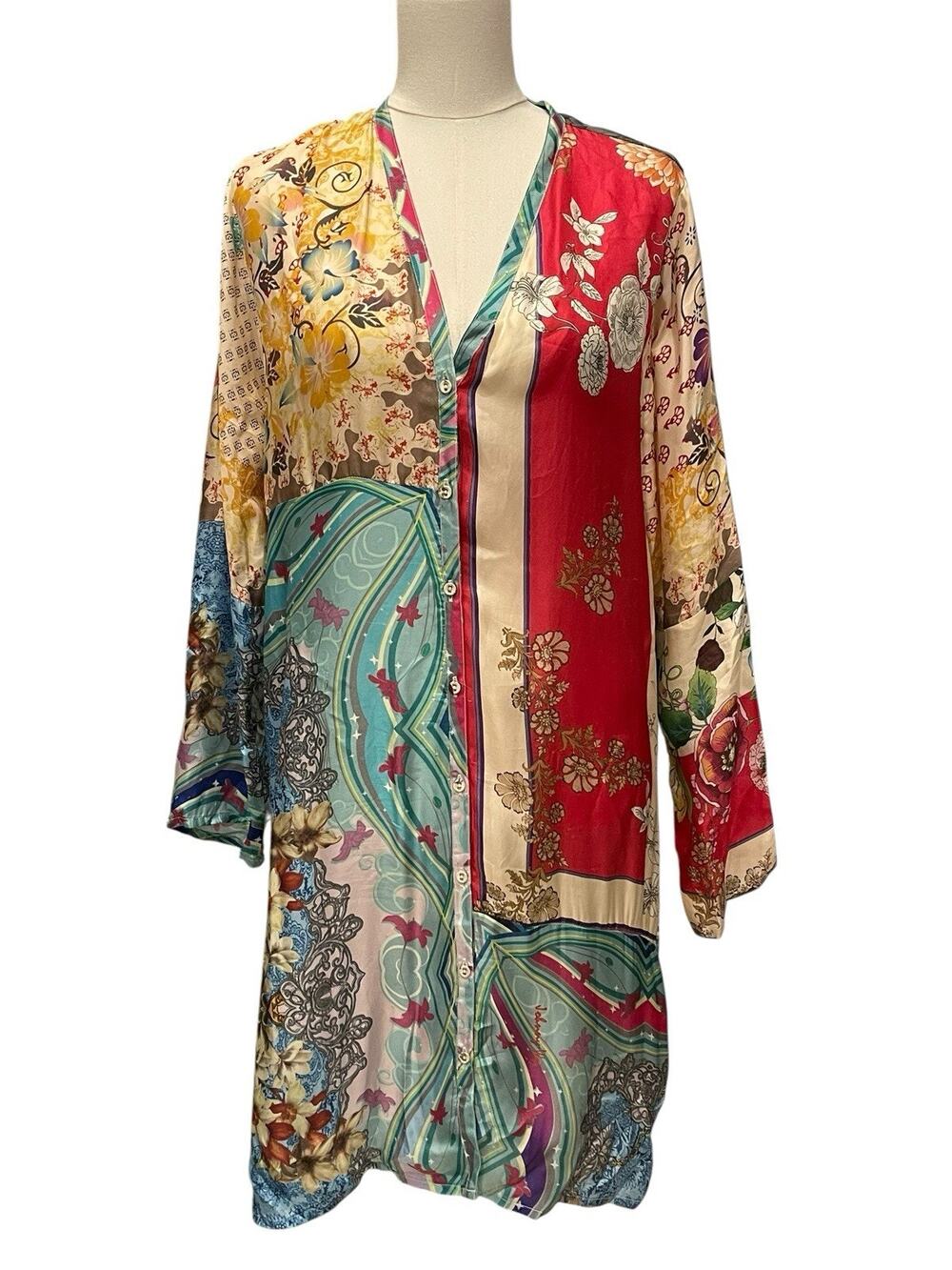 Johnny Was Silk Floral Button Front Long Sleeve Tunic Top Women's Size L